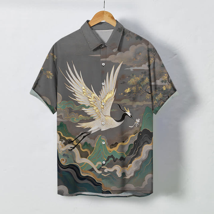 Buddha Stones Camisa de manga corta transpirable para hombre con estampado de grullas voladoras, nubes, olas y flores blancas. - Gris oscuro - US/UK/AU48, UE58 (4XL) - image 7