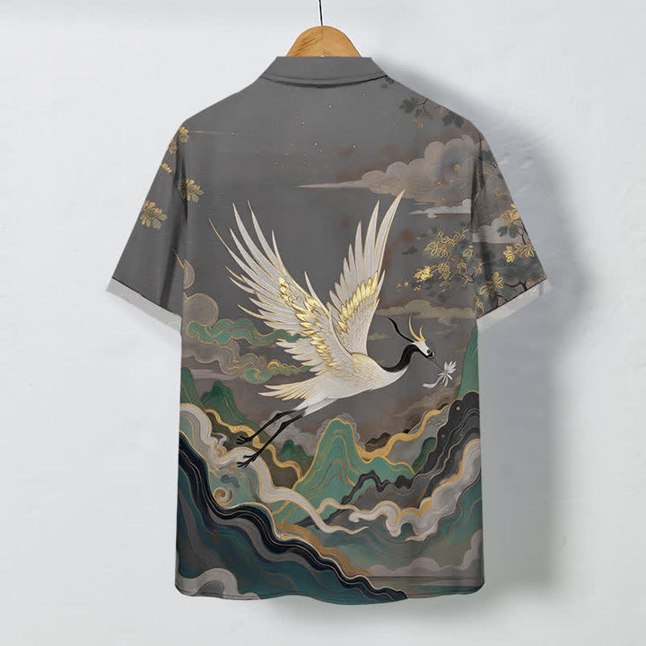 Buddha Stones Camisa de manga corta transpirable para hombre con estampado de grullas voladoras, nubes, olas y flores blancas. - image 8