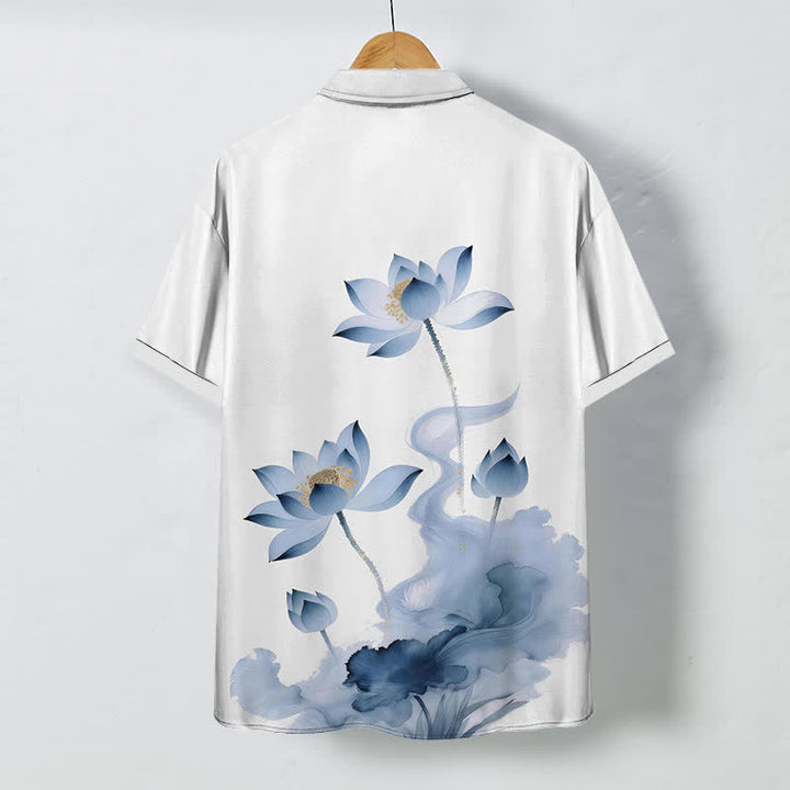 Buddha Stones Camisa de manga corta para hombre con botones estampados de tinta Blue Lotus, resistente a las arrugas. - image 1