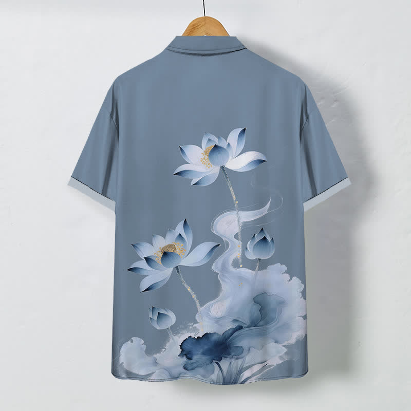 Buddha Stones Camisa de manga corta para hombre con botones estampados de tinta Blue Lotus, resistente a las arrugas. - image 6