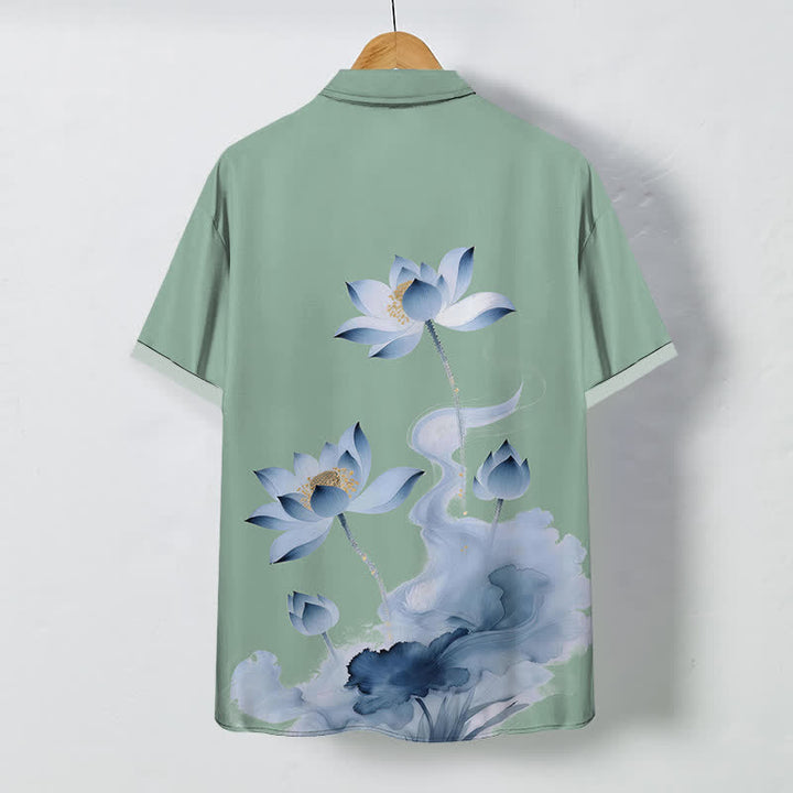 Buddha Stones Camisa de manga corta para hombre con botones estampados de tinta Blue Lotus, resistente a las arrugas. - image 8