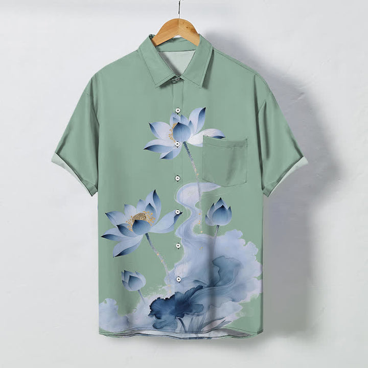 Buddha Stones Camisa de manga corta para hombre con botones estampados de tinta Blue Lotus, resistente a las arrugas. - Verde mar oscuro - US/UK/AU48, UE58 (4XL) - image 7