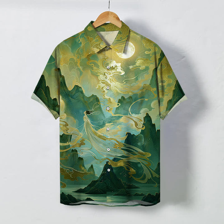 Buddha Stones Camisa de manga corta para hombre con botones y estampado de nubes y luna en la montaña brumosa, resistente a las arrugas. - Verdemar - US/UK/AU48, UE58 (4XL) - image 5