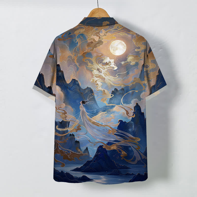 Buddha Stones Camisa de manga corta para hombre con botones y estampado de nubes y luna en la montaña brumosa, resistente a las arrugas. - image 8