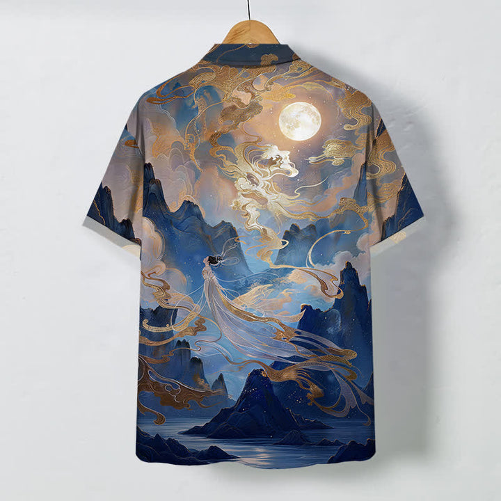 Buddha Stones Camisa de manga corta para hombre con botones y estampado de nubes y luna en la montaña brumosa, resistente a las arrugas. - image 8