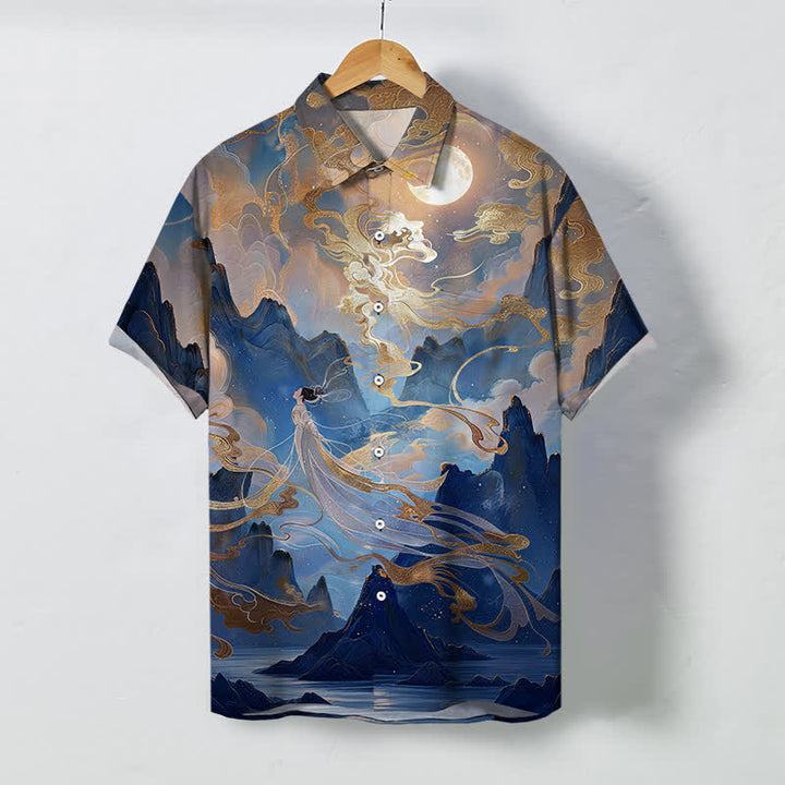 Buddha Stones Camisa de manga corta para hombre con botones y estampado de nubes y luna en la montaña brumosa, resistente a las arrugas. - Azul medianoche - US/UK/AU48, UE58 (4XL) - image 7