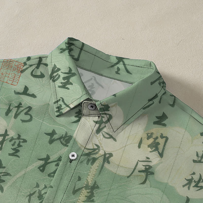 Buddha Stones Camisa transpirable de manga corta para hombre con botones y estampado de paisaje con caligrafía china - image 2
