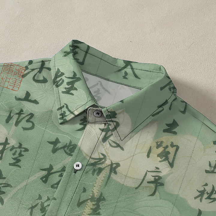 Buddha Stones Camisa transpirable de manga corta para hombre con botones y estampado de paisaje con caligrafía china - image 2