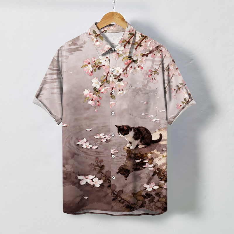 Buddha Stones Camisa de manga corta para hombre con botones y estampado de gato en flor de cerezo junto al agua, resistente a las arrugas. - BurlyWood - US/UK/AU48, UE58 (4XL) - image 5