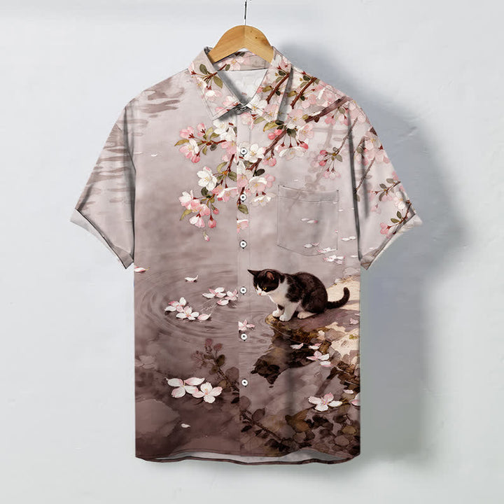 Buddha Stones Camisa de manga corta para hombre con botones y estampado de gato en flor de cerezo junto al agua, resistente a las arrugas. - BurlyWood - US/UK/AU48, UE58 (4XL) - image 5