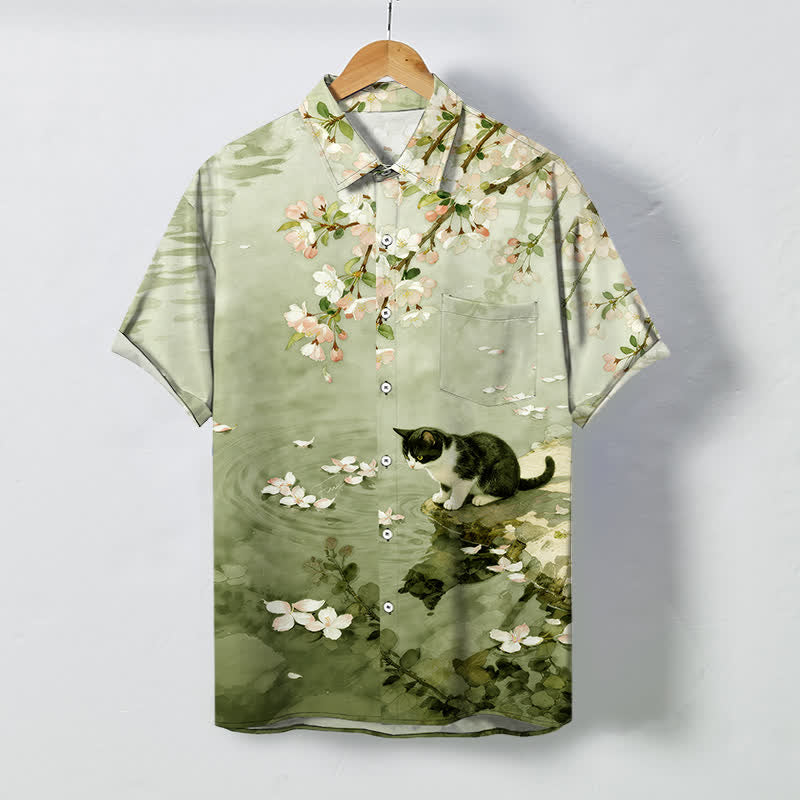 Buddha Stones Camisa de manga corta para hombre con botones y estampado de gato en flor de cerezo junto al agua, resistente a las arrugas. - Verde pálido - US/UK/AU48, UE58 (4XL) - image 7