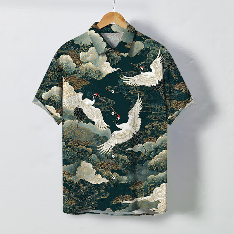 Buddha Stones Camisa de manga corta transpirable para hombre con estampado de grulla de corona roja, nubes blancas doradas y ondas. - Verdemar - US/UK/AU48, UE58 (4XL) - image 0