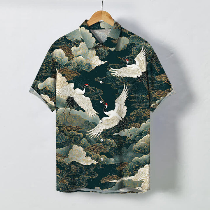 Buddha Stones Camisa de manga corta transpirable para hombre con estampado de grulla de corona roja, nubes blancas doradas y ondas. - Verdemar - US/UK/AU48, UE58 (4XL) - image 0