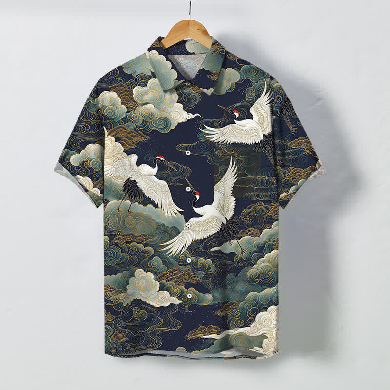 Buddha Stones Camisa de manga corta transpirable para hombre con estampado de grulla de corona roja, nubes blancas doradas y ondas. - Negro - US/UK/AU48, UE58 (4XL) - image 5