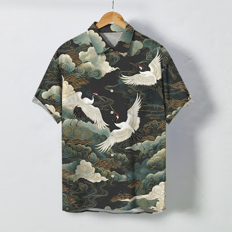 Buddha Stones Camisa de manga corta transpirable para hombre con estampado de grulla de corona roja, nubes blancas doradas y ondas. - Verde oliva oscuro - US/UK/AU48, UE58 (4XL) - image 7
