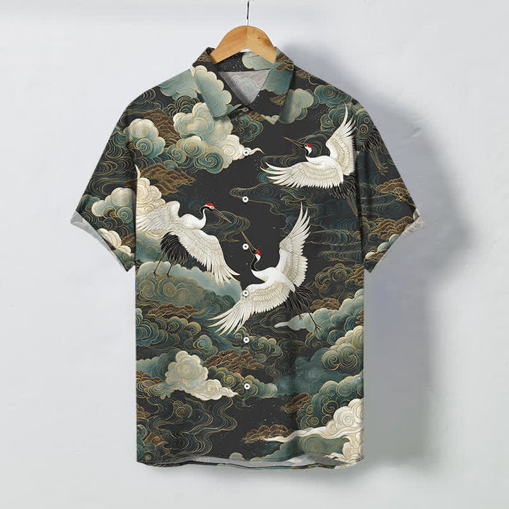 Buddha Stones Camisa de manga corta transpirable para hombre con estampado de grulla de corona roja, nubes blancas doradas y ondas. - Verde oliva oscuro - US/UK/AU48, UE58 (4XL) - image 7
