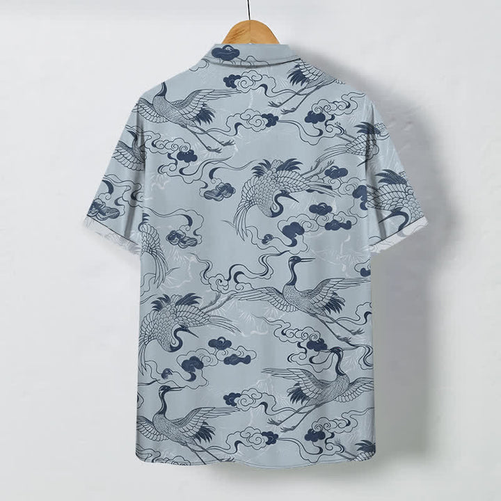Buddha Stones Camisa transpirable de manga corta para hombre con botones y estampado de grulla, nube y olas. - image 1