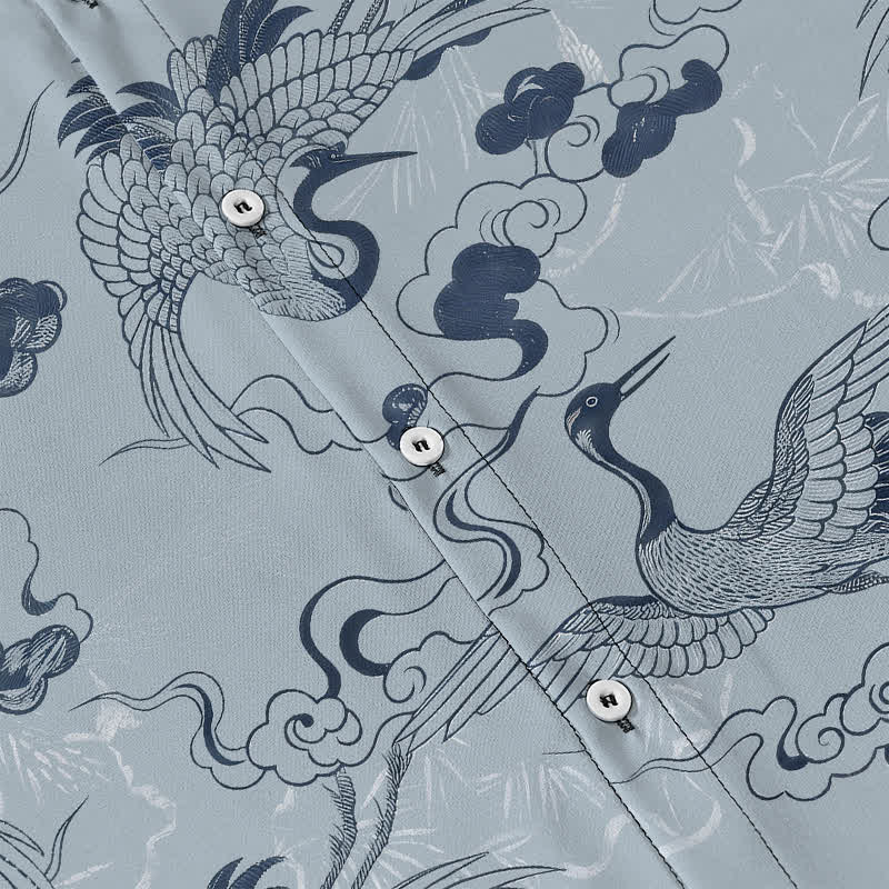Buddha Stones Camisa transpirable de manga corta para hombre con botones y estampado de grulla, nube y olas. - image 3