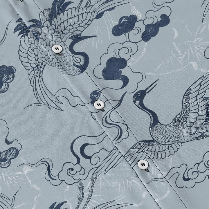 Buddha Stones Camisa transpirable de manga corta para hombre con botones y estampado de grulla, nube y olas. - image 3