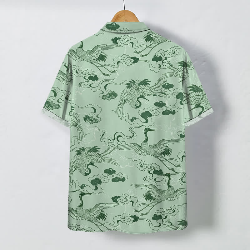 Buddha Stones Camisa transpirable de manga corta para hombre con botones y estampado de grulla, nube y olas. - image 6
