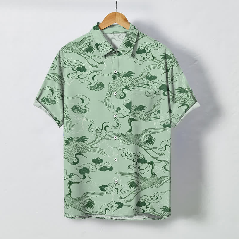 Buddha Stones Camisa transpirable de manga corta para hombre con botones y estampado de grulla, nube y olas. - Verde pálido - US/UK/AU48, UE58 (4XL) - image 5