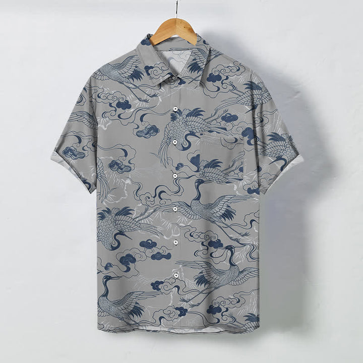 Buddha Stones Camisa transpirable de manga corta para hombre con botones y estampado de grulla, nube y olas. - Gris claro - US/UK/AU48, UE58 (4XL) - image 7
