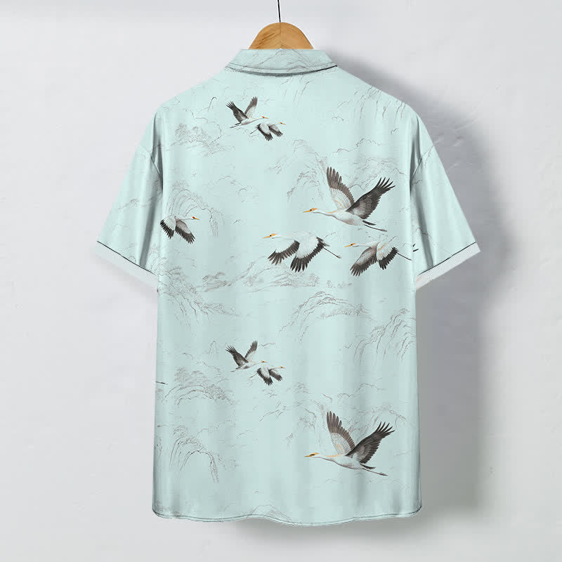 Buddha Stones Camisa transpirable de manga corta para hombre con estampado de paisaje de grullas y cordilleras, botones y diseño de tinta. - image 6