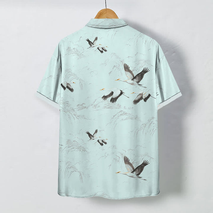 Buddha Stones Camisa transpirable de manga corta para hombre con estampado de paisaje de grullas y cordilleras, botones y diseño de tinta. - image 6