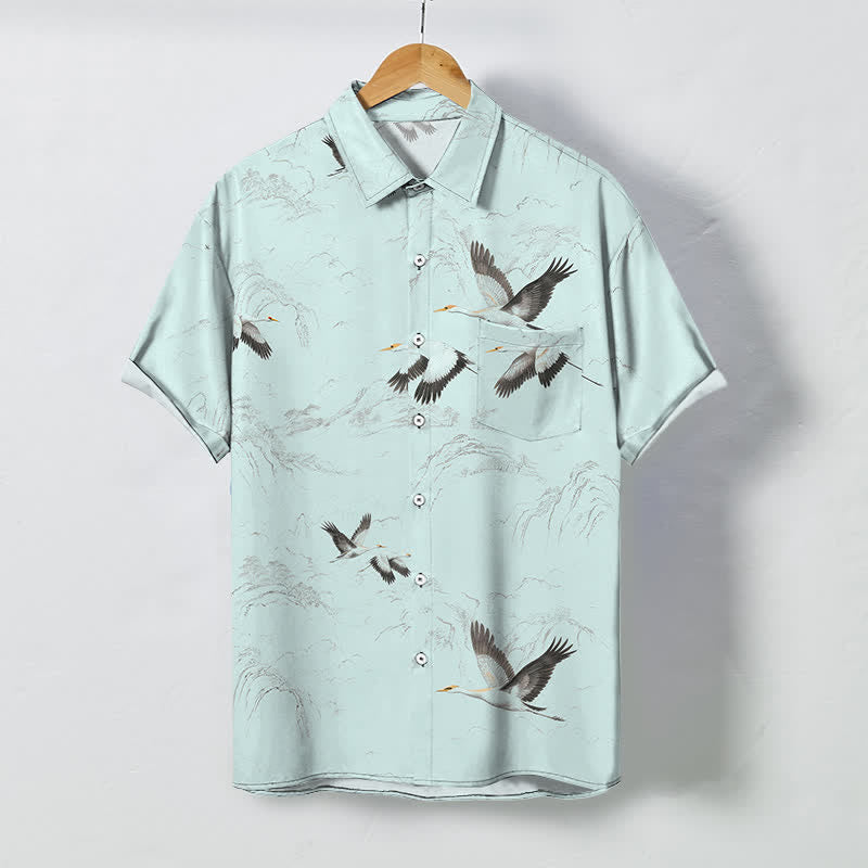 Buddha Stones Camisa transpirable de manga corta para hombre con estampado de paisaje de grullas y cordilleras, botones y diseño de tinta. - Cian claro - US/UK/AU48, UE58 (4XL) - image 5