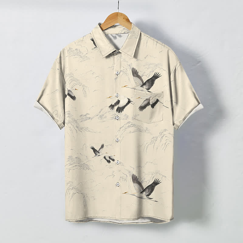 Buddha Stones Camisa transpirable de manga corta para hombre con estampado de paisaje de grullas y cordilleras, botones y diseño de tinta. - Beige - US/UK/AU48, UE58 (4XL) - image 7