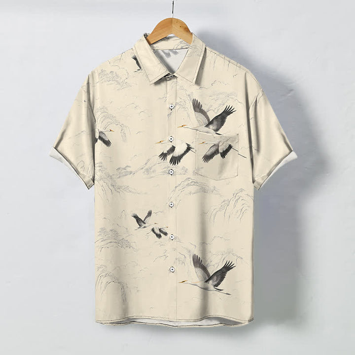 Buddha Stones Camisa transpirable de manga corta para hombre con estampado de paisaje de grullas y cordilleras, botones y diseño de tinta. - Beige - US/UK/AU48, UE58 (4XL) - image 7