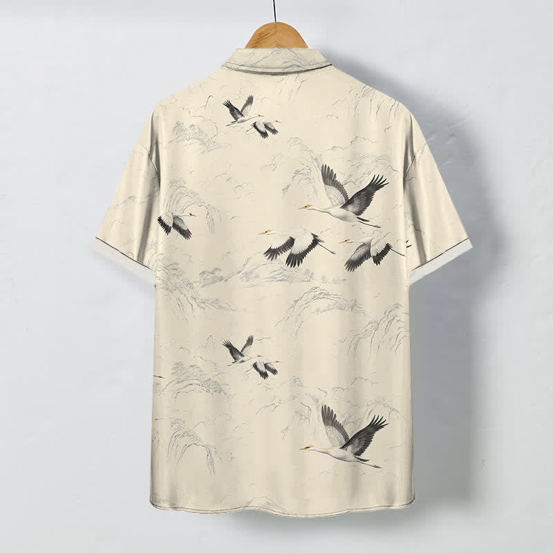 Buddha Stones Camisa transpirable de manga corta para hombre con estampado de paisaje de grullas y cordilleras, botones y diseño de tinta. - image 8