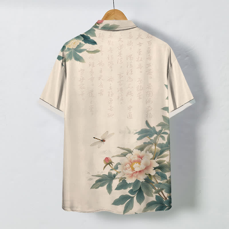 Buddha Stones Camisa transpirable de manga corta para hombre con botones y estampado de libélulas y hojas de peonía rosa. - image 1
