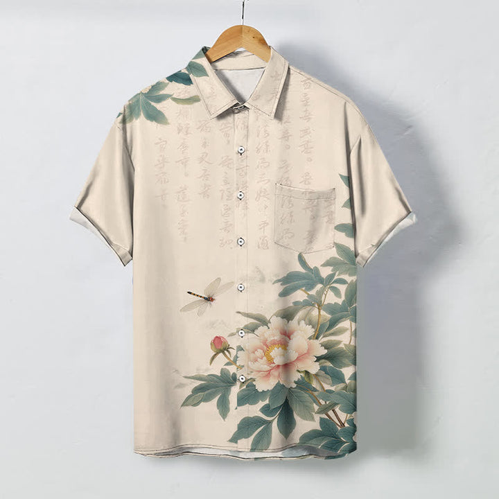 Buddha Stones Camisa transpirable de manga corta para hombre con botones y estampado de libélulas y hojas de peonía rosa. - Beige - US/UK/AU48, UE58 (4XL) - image 0