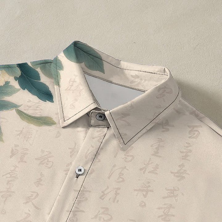 Buddha Stones Camisa transpirable de manga corta para hombre con botones y estampado de libélulas y hojas de peonía rosa. - image 2