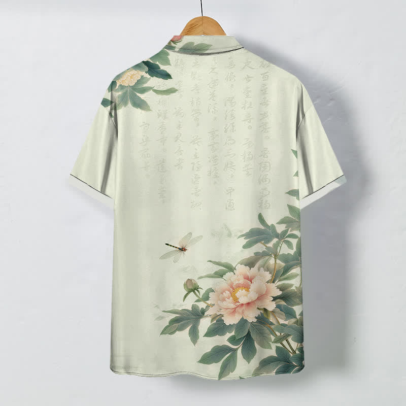 Buddha Stones Camisa transpirable de manga corta para hombre con botones y estampado de libélulas y hojas de peonía rosa. - image 6
