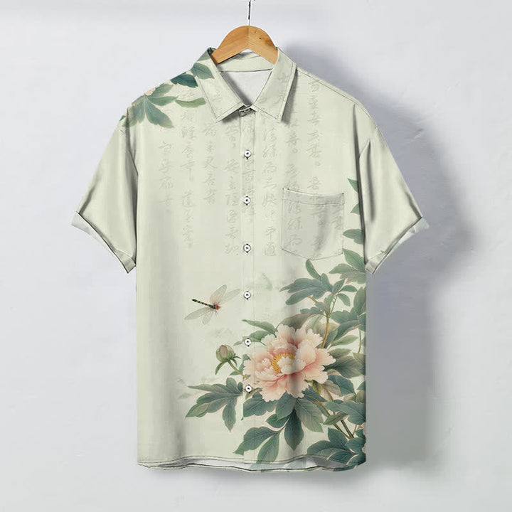 Buddha Stones Camisa transpirable de manga corta para hombre con botones y estampado de libélulas y hojas de peonía rosa. - Gotas de miel - US/UK/AU48, UE58 (4XL) - image 5