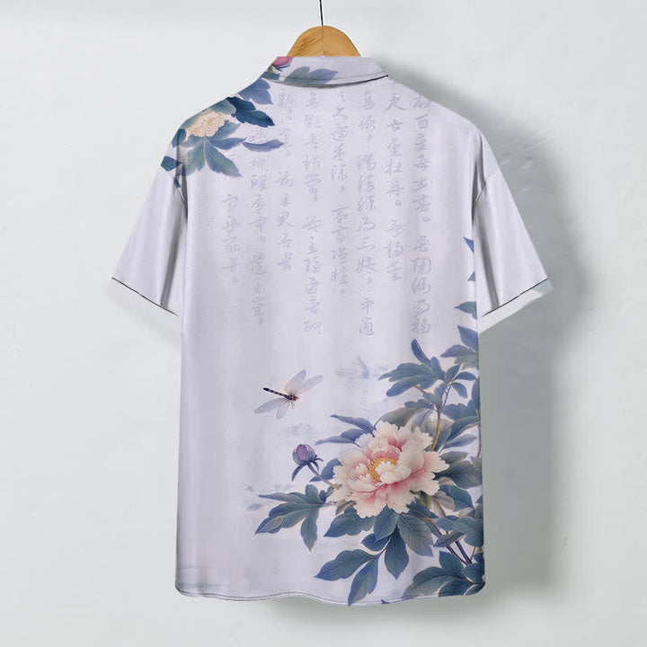 Buddha Stones Camisa transpirable de manga corta para hombre con botones y estampado de libélulas y hojas de peonía rosa. - image 8