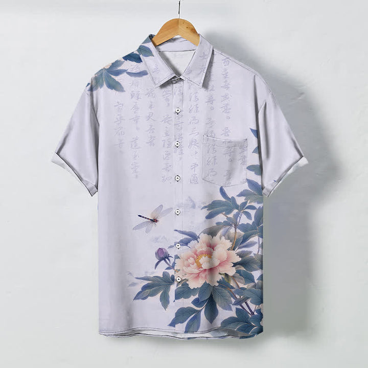 Buddha Stones Camisa transpirable de manga corta para hombre con botones y estampado de libélulas y hojas de peonía rosa. - Lavanda - US/UK/AU48, UE58 (4XL) - image 7