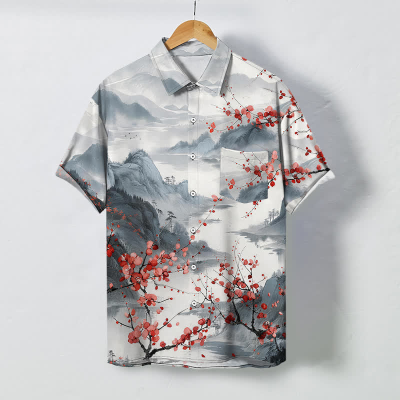 Buddha Stones Camisa transpirable de manga corta para hombre con estampado de paisaje de tinta y montañas de flores rojas. - Gris claro - US/UK/AU48, UE58 (4XL) - image 0