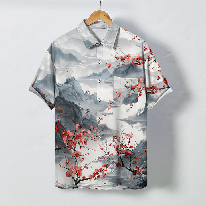 Buddha Stones Camisa transpirable de manga corta para hombre con estampado de paisaje de tinta y montañas de flores rojas. - Gris claro - US/UK/AU48, UE58 (4XL) - image 0