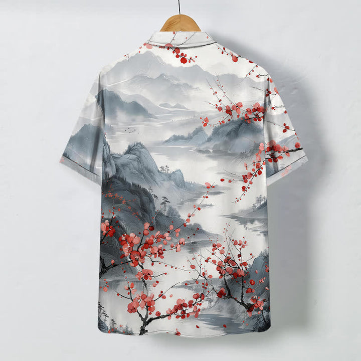 Buddha Stones Camisa transpirable de manga corta para hombre con estampado de paisaje de tinta y montañas de flores rojas. - image 1