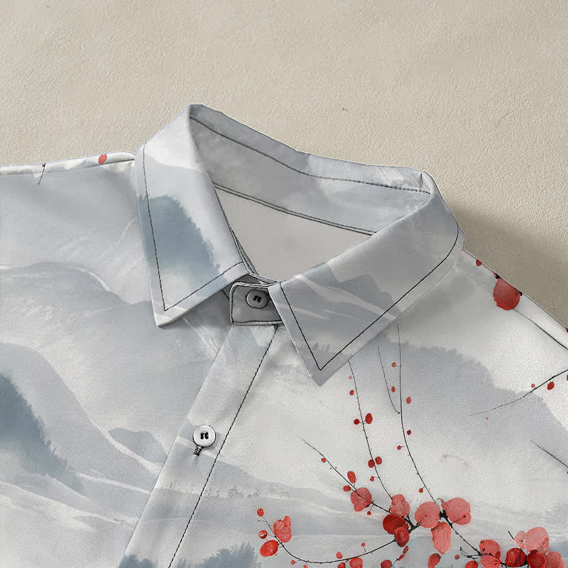 Buddha Stones Camisa transpirable de manga corta para hombre con estampado de paisaje de tinta y montañas de flores rojas. - image 2