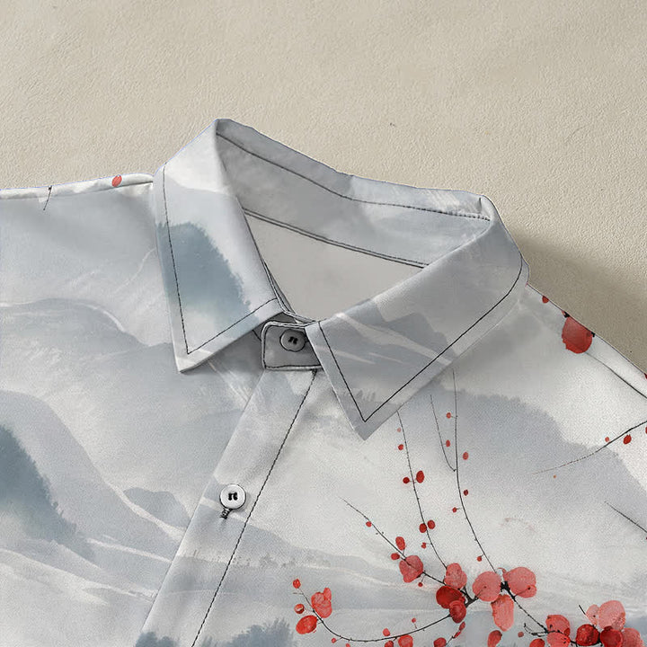 Buddha Stones Camisa transpirable de manga corta para hombre con estampado de paisaje de tinta y montañas de flores rojas. - image 2