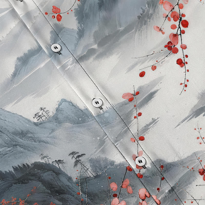 Buddha Stones Camisa transpirable de manga corta para hombre con estampado de paisaje de tinta y montañas de flores rojas. - image 3