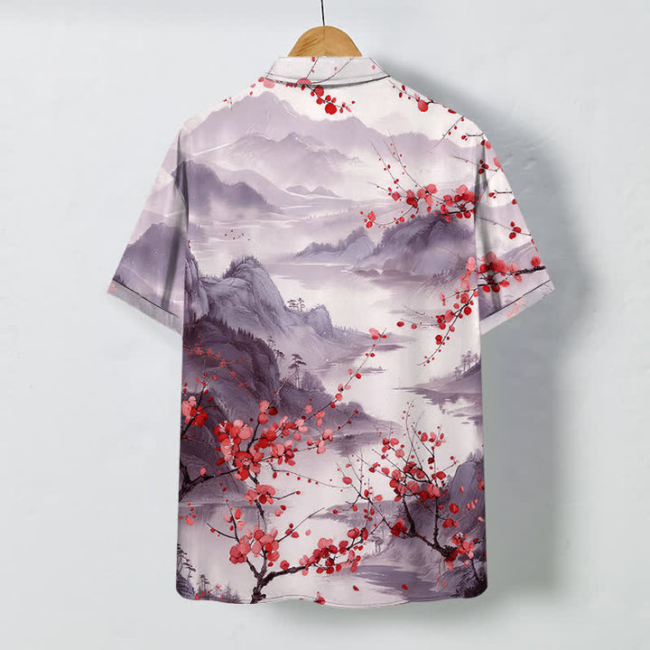Buddha Stones Camisa transpirable de manga corta para hombre con estampado de paisaje de tinta y montañas de flores rojas. - image 6