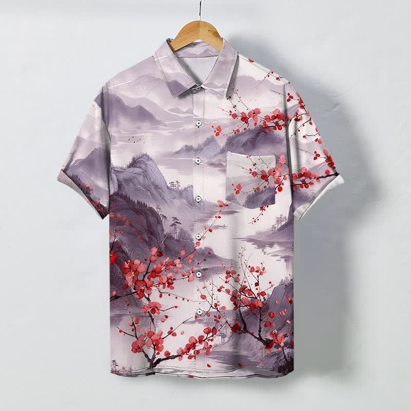 Buddha Stones Camisa transpirable de manga corta para hombre con estampado de paisaje de tinta y montañas de flores rojas. - Ciruela - US/UK/AU48, UE58 (4XL) - image 5