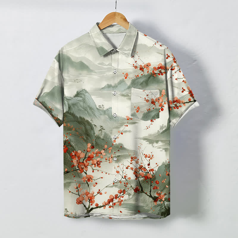 Buddha Stones Camisa transpirable de manga corta para hombre con estampado de paisaje de tinta y montañas de flores rojas. - Gotas de miel - US/UK/AU48, UE58 (4XL) - image 7