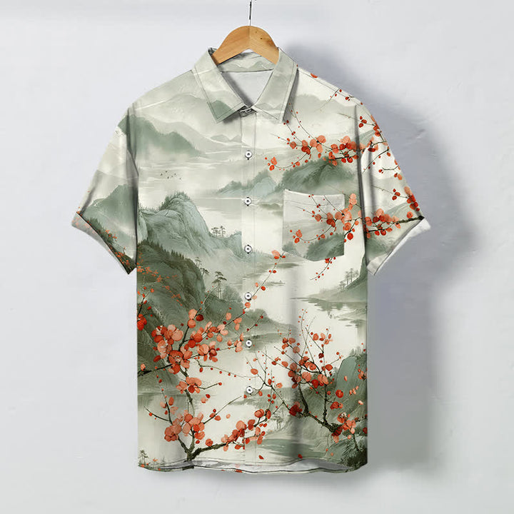 Buddha Stones Camisa transpirable de manga corta para hombre con estampado de paisaje de tinta y montañas de flores rojas. - Gotas de miel - US/UK/AU48, UE58 (4XL) - image 7