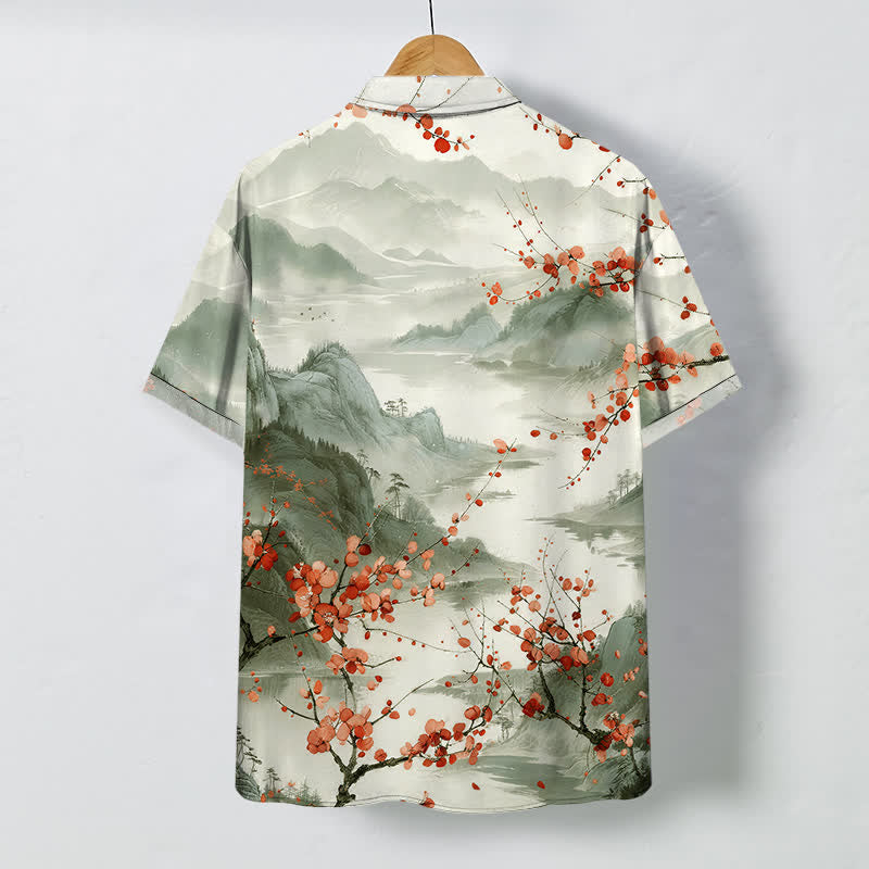 Buddha Stones Camisa transpirable de manga corta para hombre con estampado de paisaje de tinta y montañas de flores rojas. - image 8